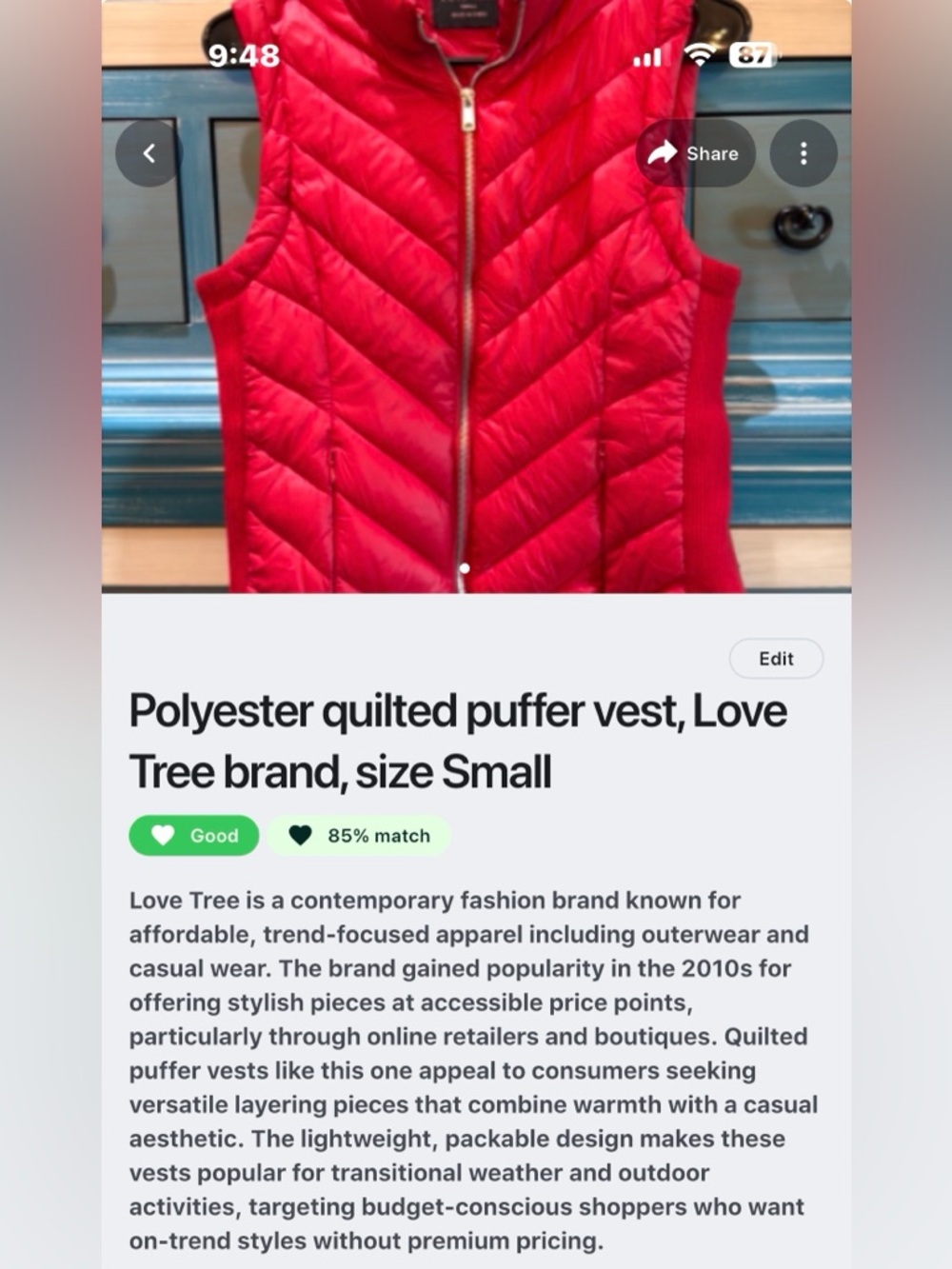 Love Tree Bright Red Quilted Zip-Front Puffer Vest - Picture 3 of 4